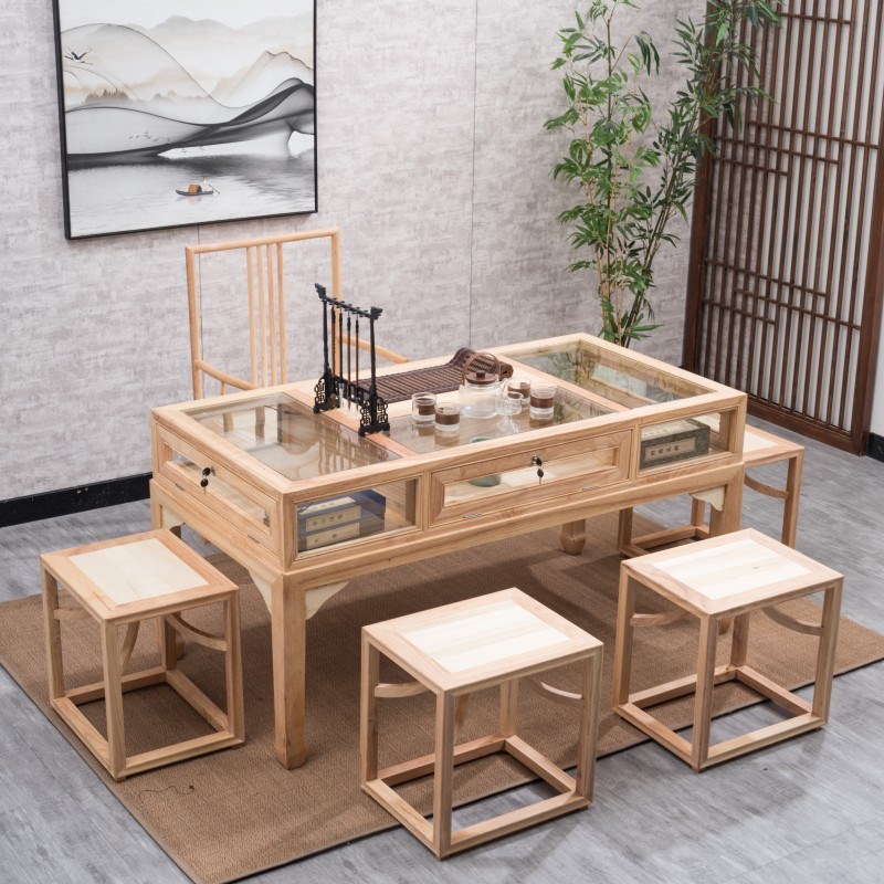 珠宝首饰展示柜透明玻璃柜台博物馆展柜中式实木茶桌饰品中岛柜台