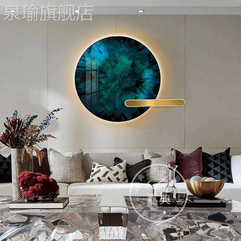 网红代轻奢入客厅现装饰l画户面玄关卧室墙挂画晶瓷圆形ed灯发光图片