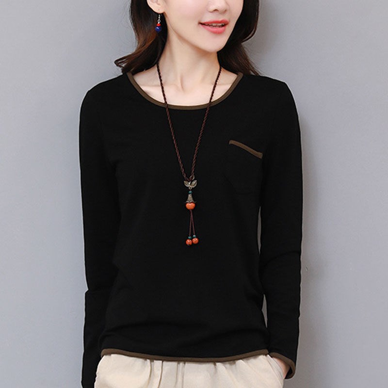 2024早春新款湖蓝色大码T恤女长袖打底衫妈妈装宽松圆领休闲上衣