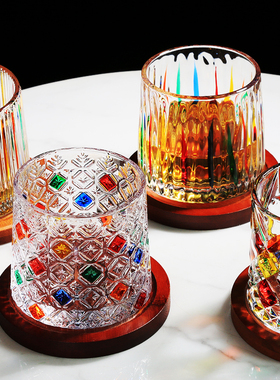 水晶玻璃杯带杯垫旋转杯不倒翁解压杯威士忌酒洋酒啤酒杯家用水杯