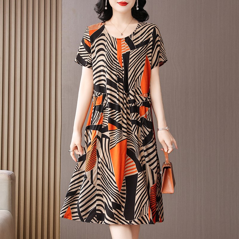 妈妈装夏季棉绸连衣裙中老年女装大码宽松中长款过膝人造绵绸裙子