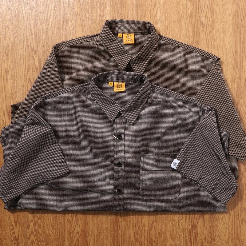 日单 夏季复古全棉水洗色织格纹宽松格子短袖衬衫男休闲衬衣外套