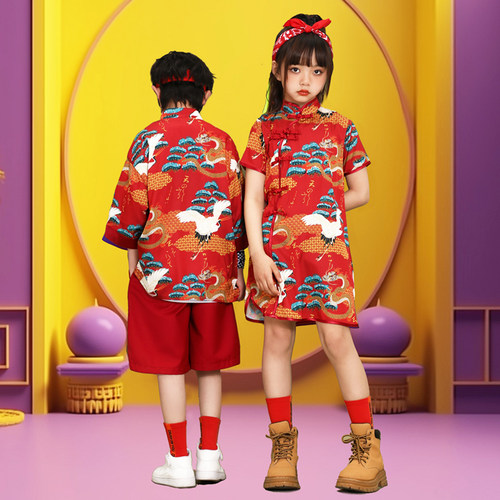 六一儿童表演服装小学生女童啦啦队演出服唐装男童中国风国潮汉服