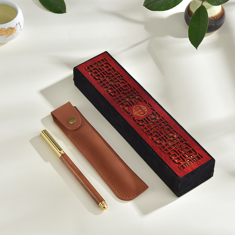商务创意礼品金属中性笔定制刻字LOGO古风黄铜配木质锦盒笔架笔袋