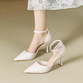 不累脚尖头中R空高跟鞋 米白色一字扣带包头凉鞋 女细跟法式 漆皮单