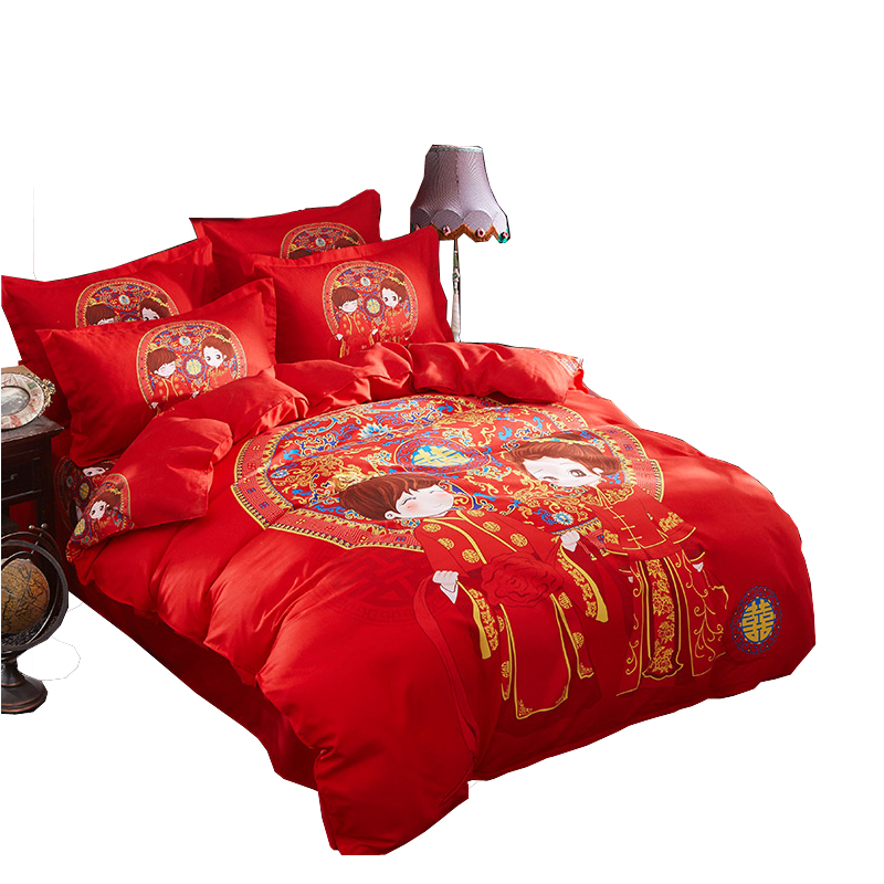 婚庆全棉四件套大红1.8m/2.0米床双人纯棉结婚被套床单式床上用品