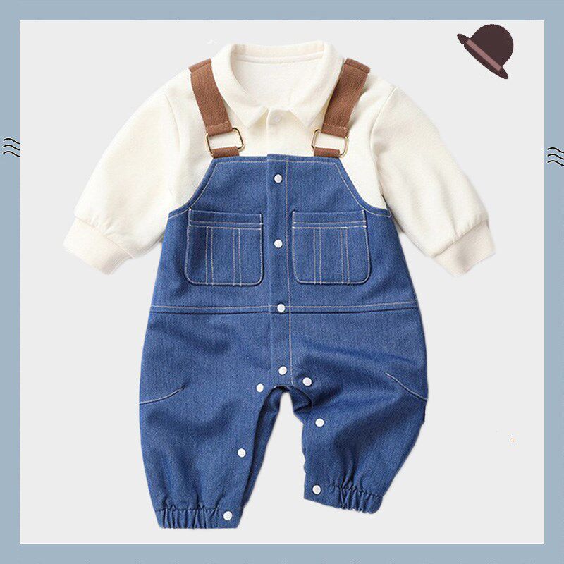 新生婴儿爬服男假两件牛仔服装哈B衣女宝宝秋冬外出连体衣爬服长