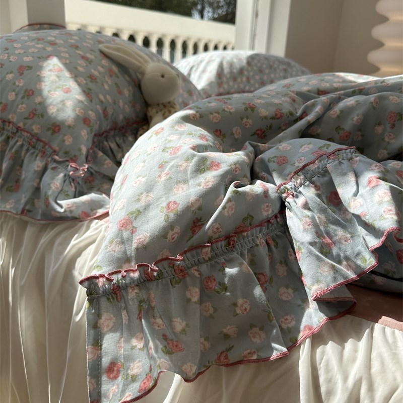 双层纱蕾丝花边床i裙款蓝色小碎花床上四件套1.5m1.8被套床单田园