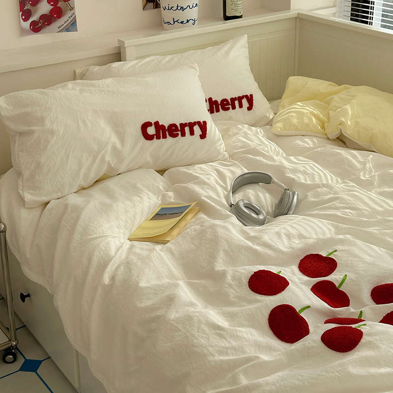 件套5软风笠床单ins亲糯.床三件套肤可爱绣四床上奶油被套1米毛巾