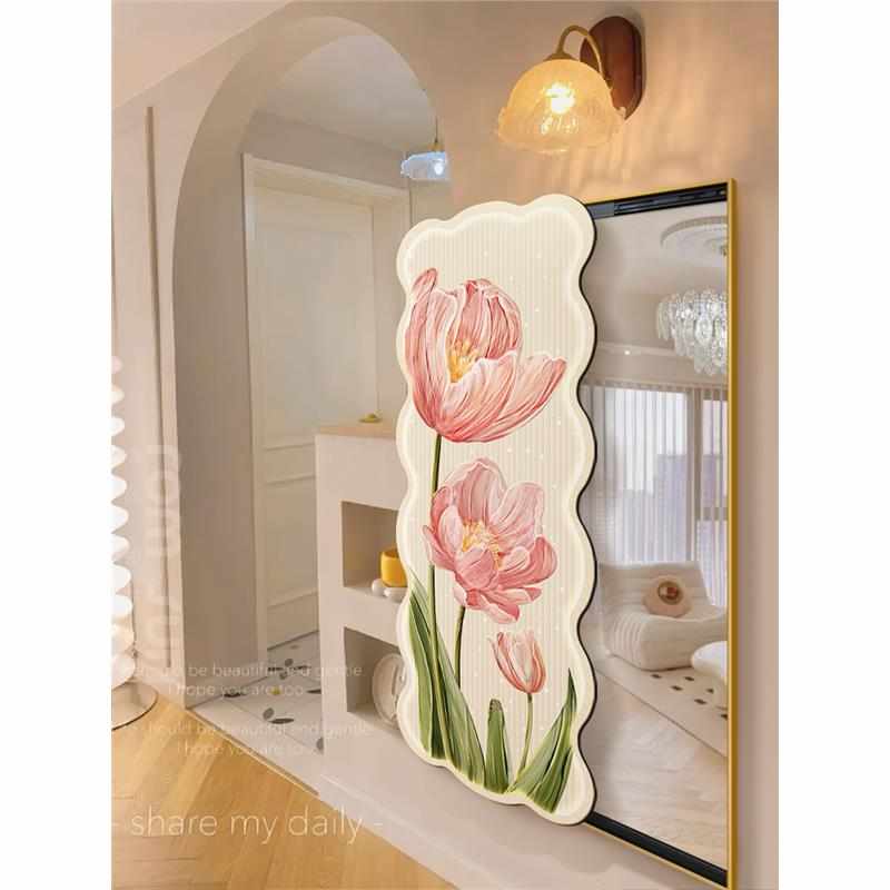 穿衣镜镜推拉全身玄关客厅壁画风奶油装饰画镜子隐藏式挂画花卉