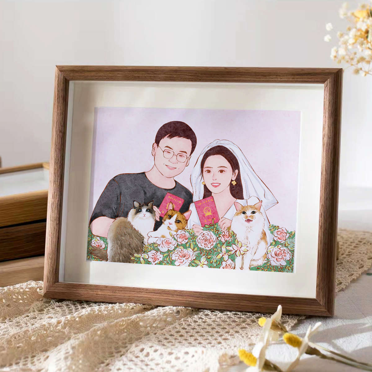 照片水彩手绘定制全家福人物画头像定制情侣结婚请柬画像礼物木框