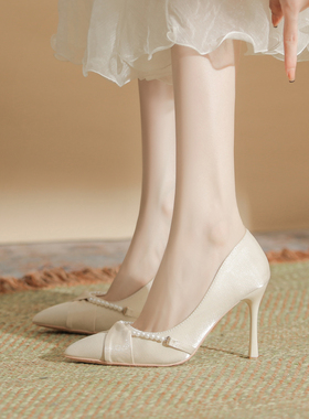法式婚鞋新娘鞋白色气质高跟鞋不累脚大尺码女鞋41-43尖头细跟单