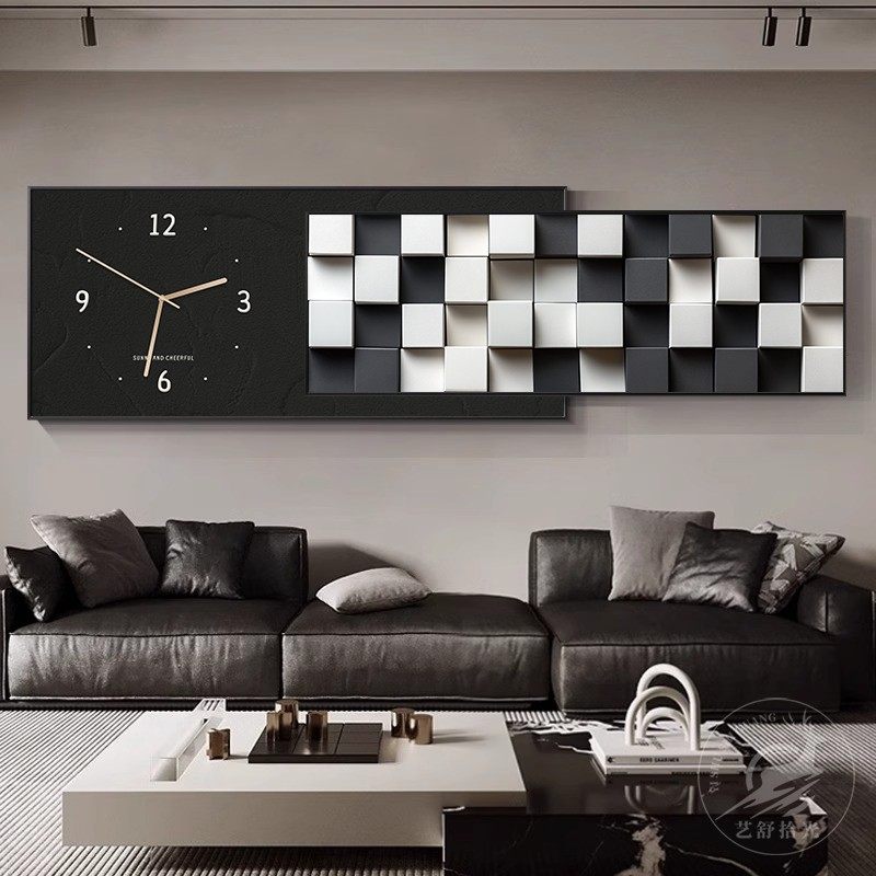 2025年新款客厅装饰画带钟表沙发背景墙挂画现代简约叠加时钟壁画,家居饰品,现代装饰画,淘宝优惠券,粉丝福利购,淘宝优惠卷