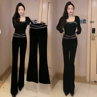 网红气质时尚套装女秋冬新款洋气镶钻打底衫显瘦微喇裤两件套女潮
