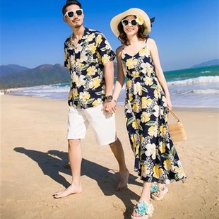 三亚旅行情侣装 海边度假女沙滩连衣裙一衣一裙 夏装 男夏威夷花衬衫