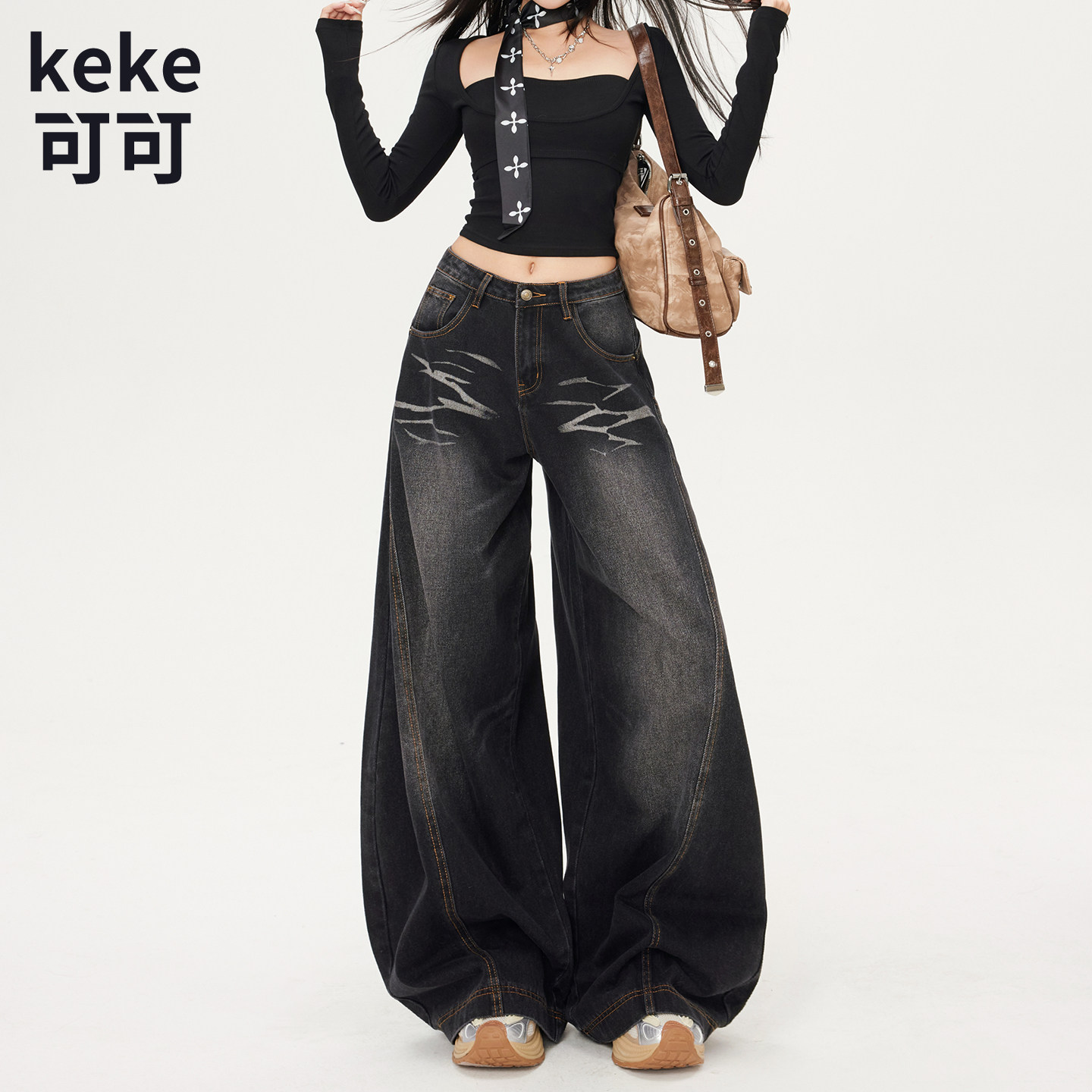 美式复古弯刀高腰阔腿拖地牛仔裤