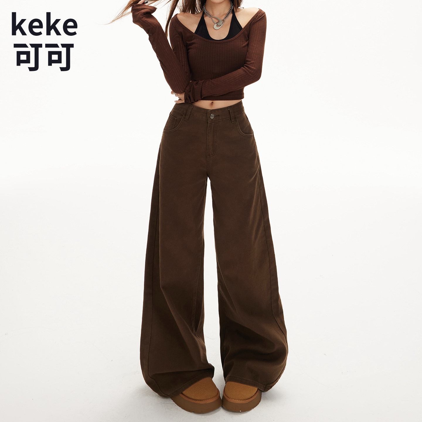 美式复古高腰阔腿拖地显瘦牛仔裤