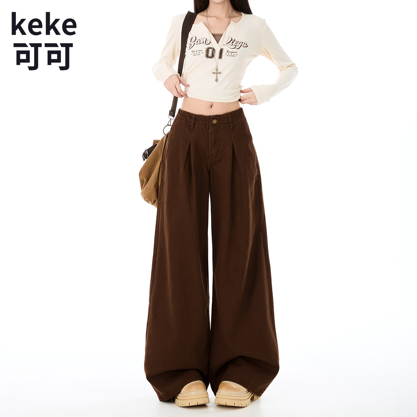 美拉德风高腰阔腿显瘦牛仔裤女