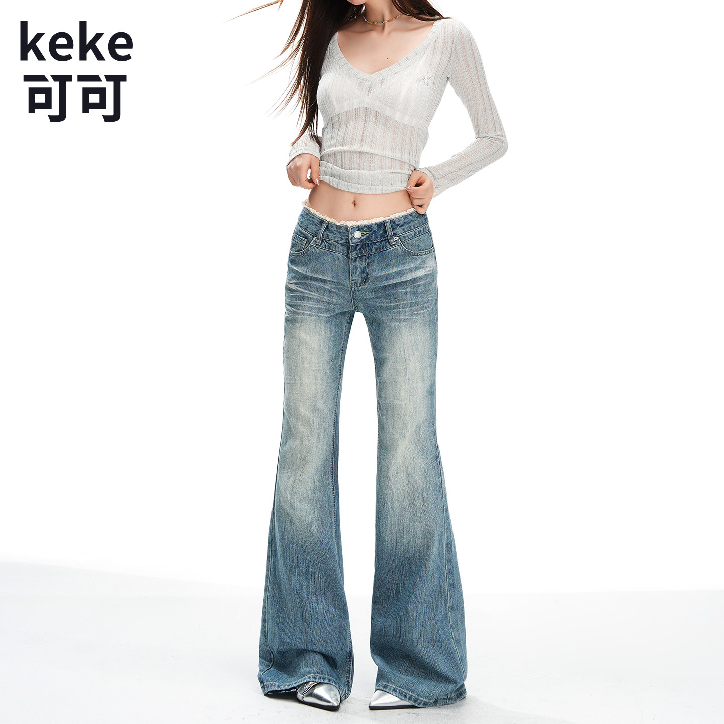 复古磨白低腰微喇显瘦牛仔裤女