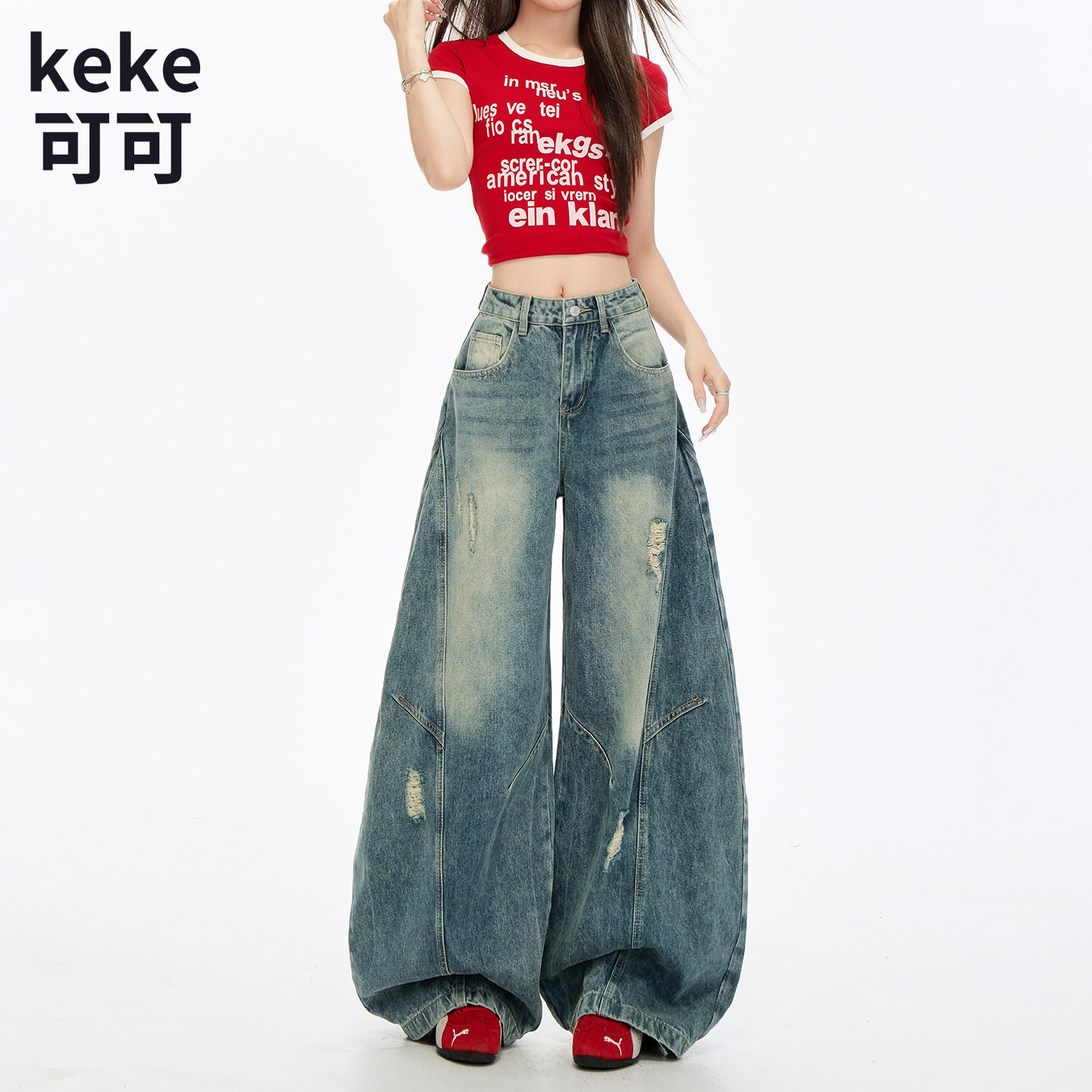 美式复古破洞高腰阔腿牛仔裤女