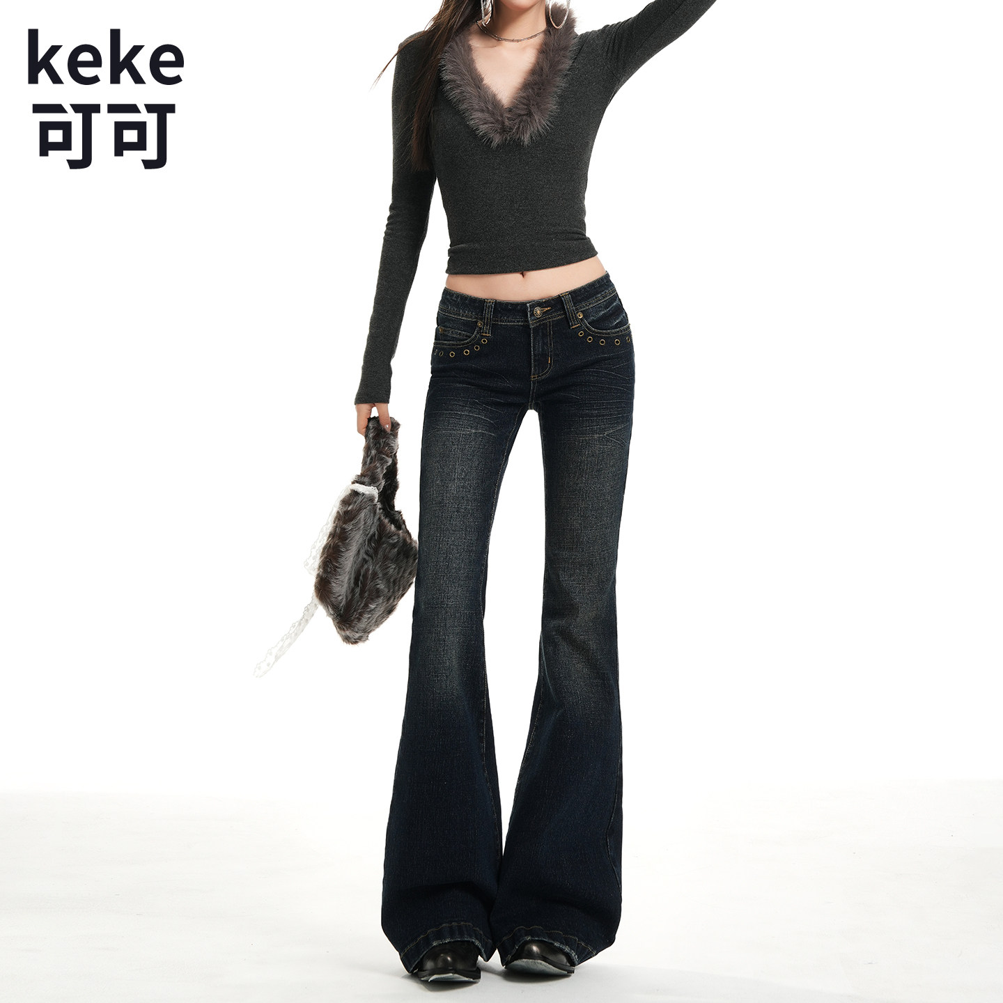 美式复古低腰铆钉微喇显瘦牛仔裤