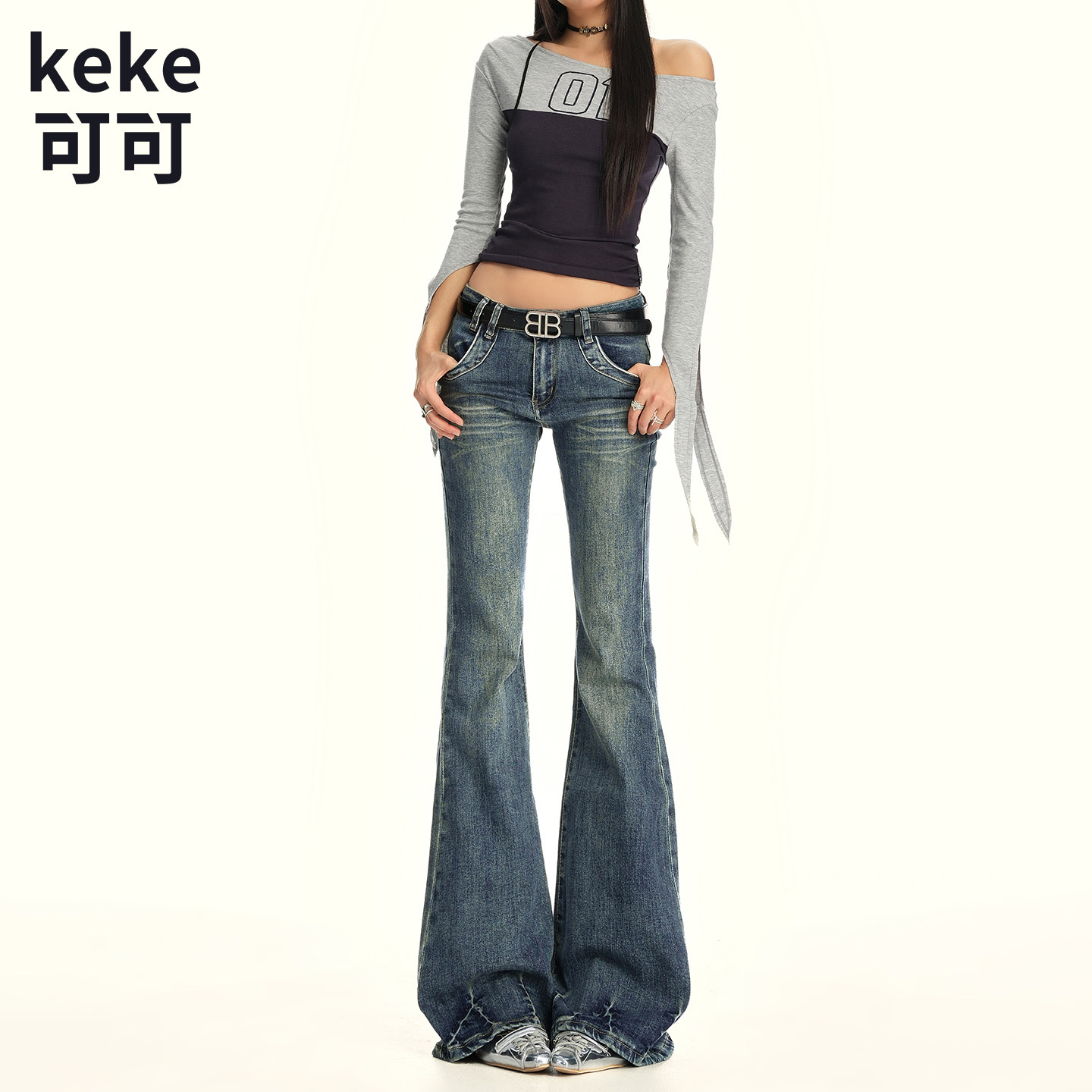 复古做旧猫须显瘦微喇牛仔裤