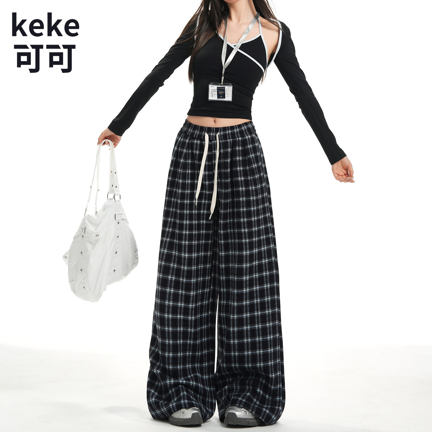 美式格子高腰阔腿显瘦垂感女裤