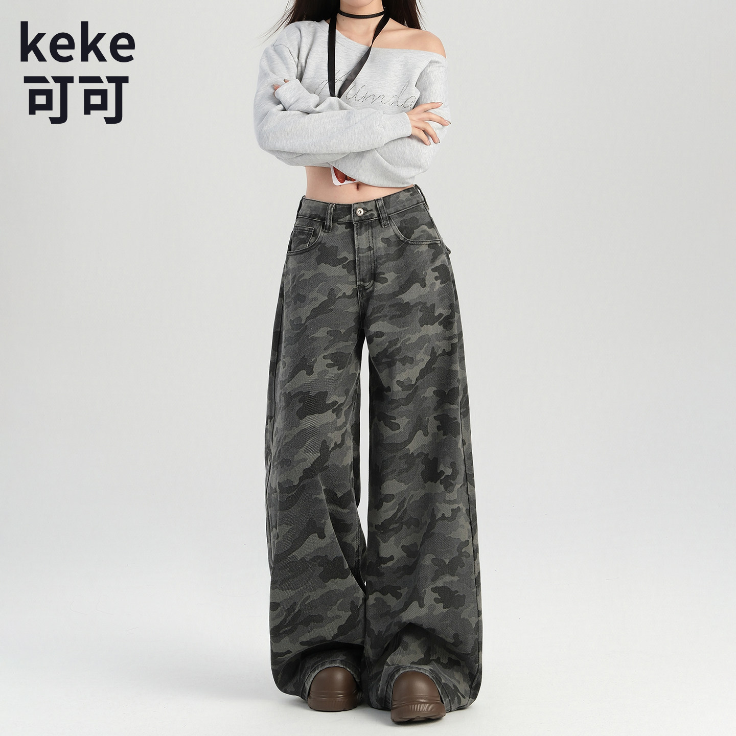 美式工装高腰阔腿迷彩显瘦牛仔裤