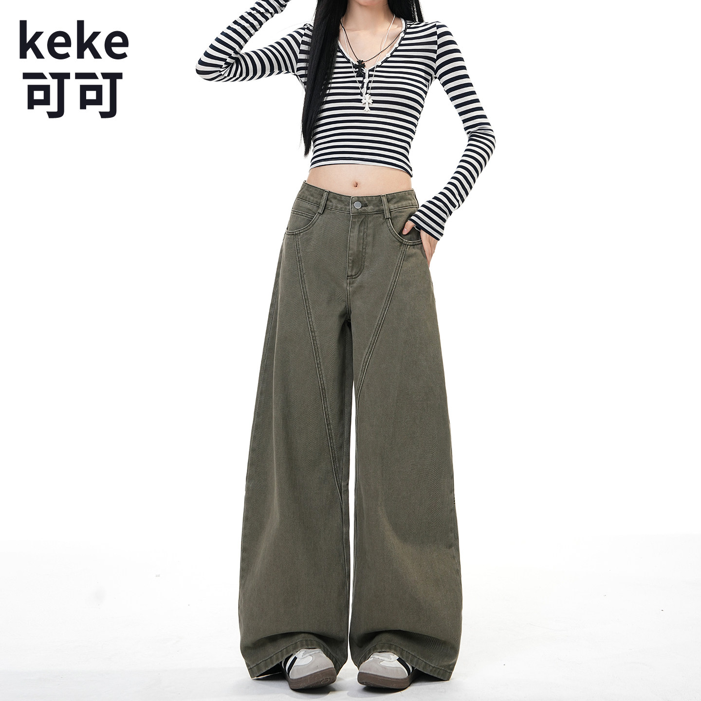 复古军绿高腰阔腿显瘦牛仔裤女