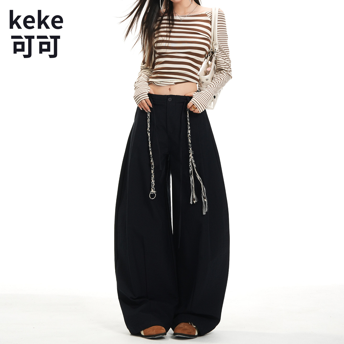 美式复古弯刀高腰阔腿显瘦女裤