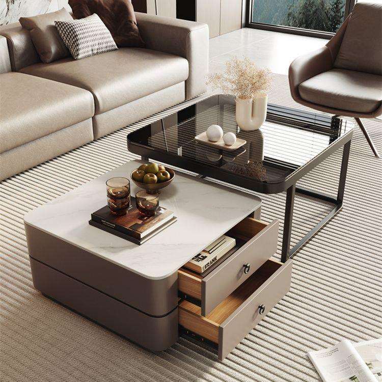 意式轻奢亮面岩板方形茶几玻璃现代简约客厅家用茶几桌子大小组合