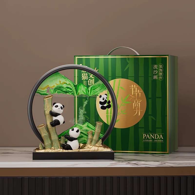 玄关电视酒柜装饰品熊猫摆件现代轻奢节节高升流沙画可印LOGO精致图片