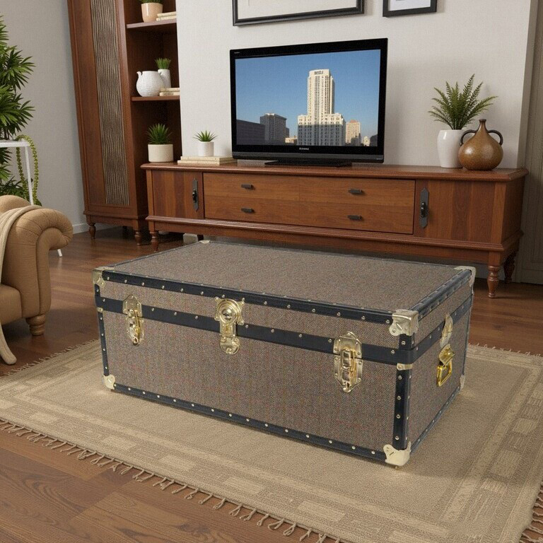 中古风茶几箱美式复古做旧皮箱布艺收纳柜高端别墅房雪茄吧茶几柜