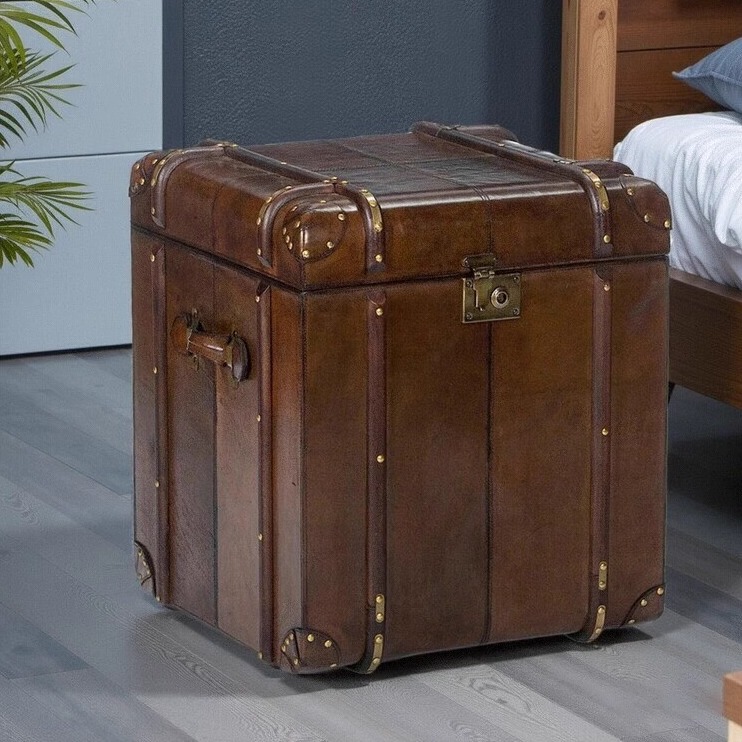 中古风卧室床头柜美式皮箱茶几桌高端真皮创意装饰柜深棕色做旧柜