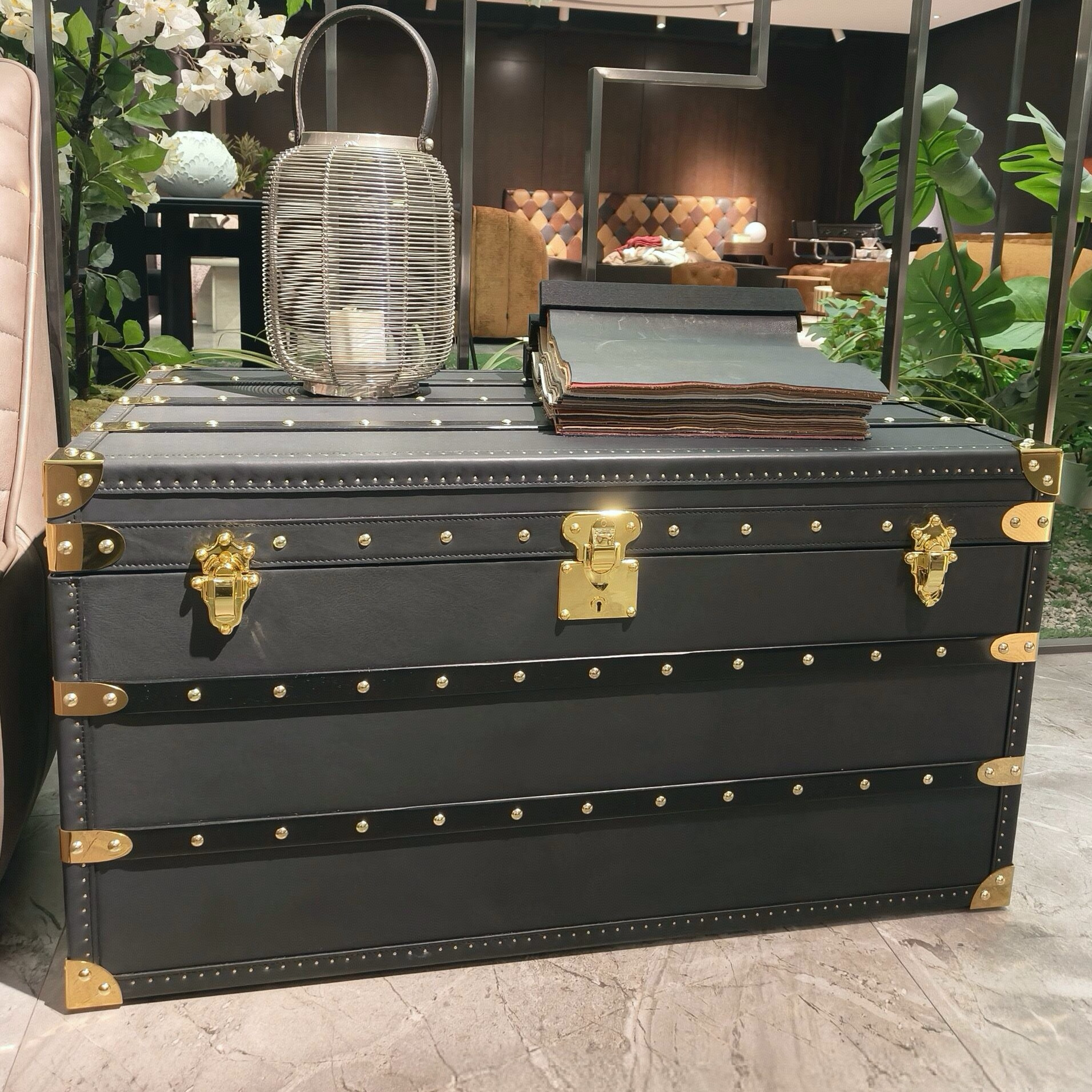 中古风油蜡皮茶几箱美式复古做旧皮箱收纳柜高端别墅房雪茄吧茶几