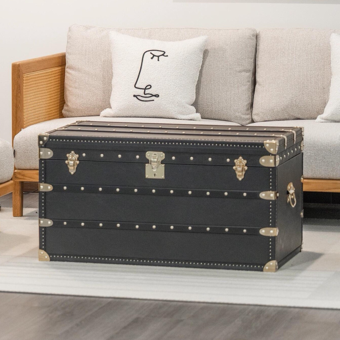 中古风油蜡皮茶几箱美式复古做旧皮箱收纳柜高端别墅房雪茄吧茶几