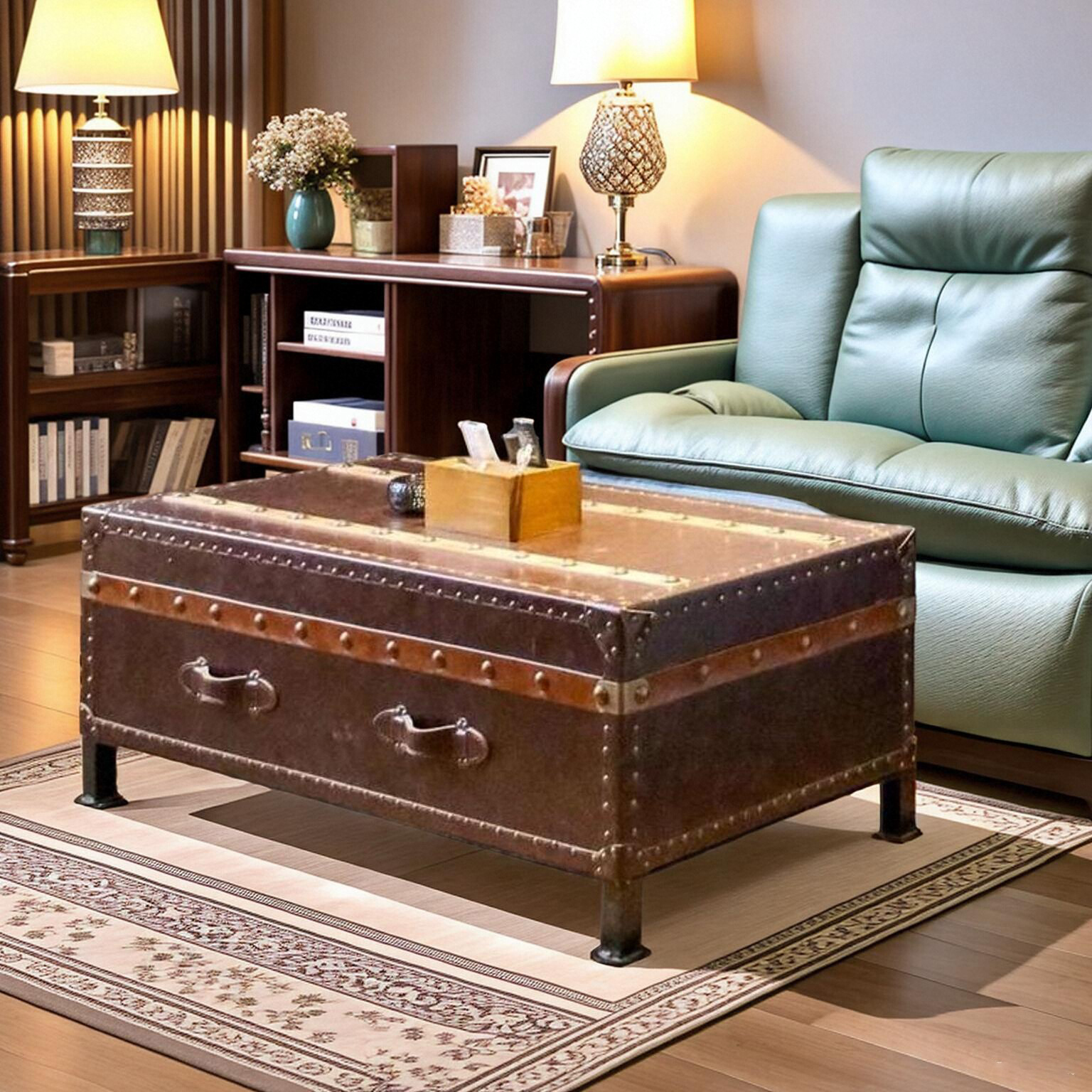 中古风美式复古油蜡皮做旧茶几皮箱实木民宿咖啡桌威士忌雪茄吧