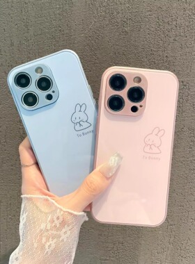 可爱小兔高级感玻璃适用苹果16promax手机壳iphone17pro小米15华为mate60p70reno13荣耀200K80nova12vivos19