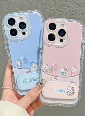 蓝粉情侣叮当猫镜面支架新款适用苹果16Pro手机壳iPhone14max小米15华为mate70pura80荣耀200k60nova13reno12