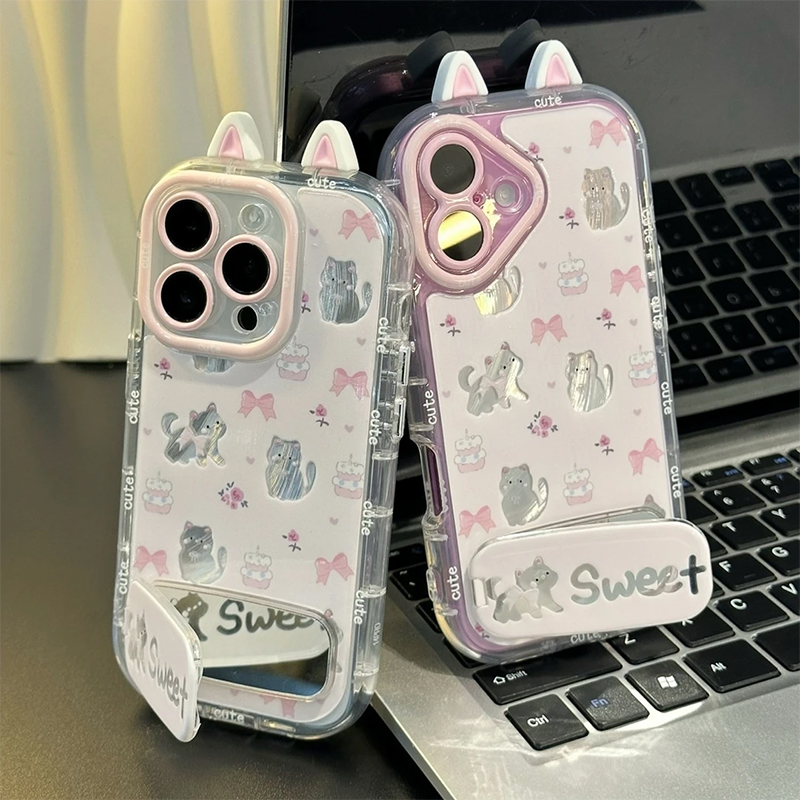 粉蝴蝶结猫咪支架新款适用苹果16Pro手机壳Phone15max小米14华为Mate70pura80k60荣耀300nova13vivox200s20