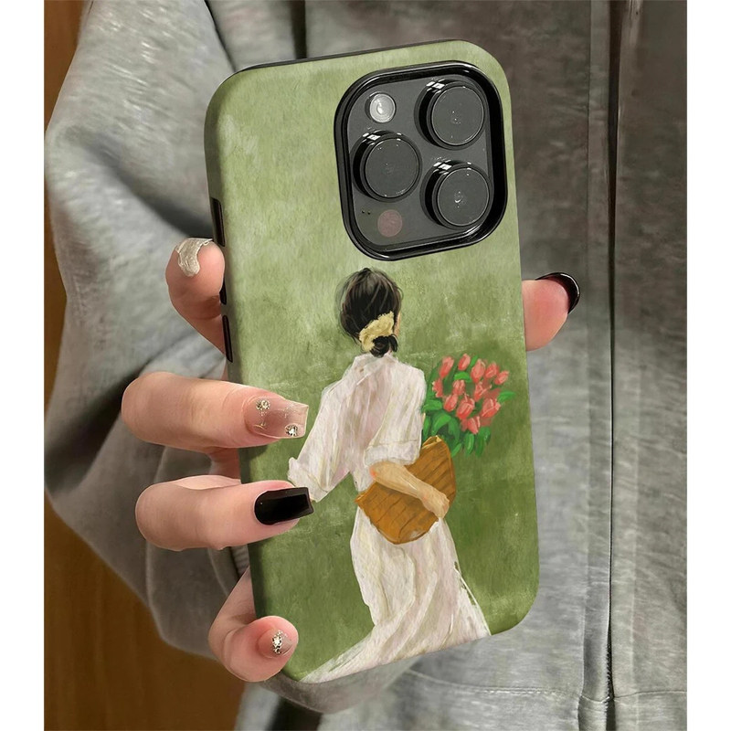 花束少女背影新款适用苹果17Pro手机壳iPhone16max小米15华为mate70pura80k60reno14荣耀400vivox300一加ace5