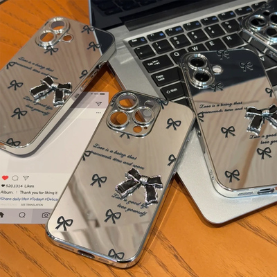 镜面电镀银黑色蝴蝶结适用苹果17Pro手机壳iPhone16max11小米15华为mate70k80荣耀300p60nova13reno14vivos19