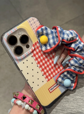 拼接格纹腕带挂绳新款适用苹果17Pro手机壳iPhone16max小米15华为mate70pura80k60opporeno14荣耀300x200s20