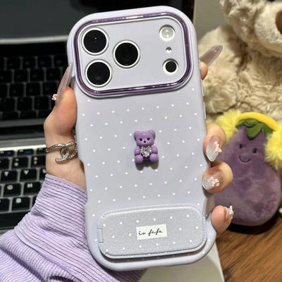 波点钻石小熊支架新款适用苹果17Pro手机壳iPhone16max13小米15华为mate80pura70k60荣耀400x300reno14findx9