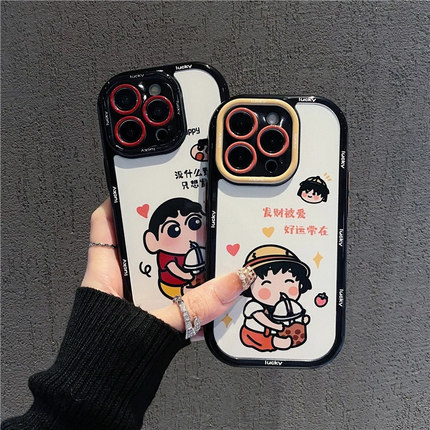情侣喝奶茶小新小丸子适用苹果16Promax手机壳iPhone17Pro小米15华为mate70p60荣耀300nova13note14k80Reno12