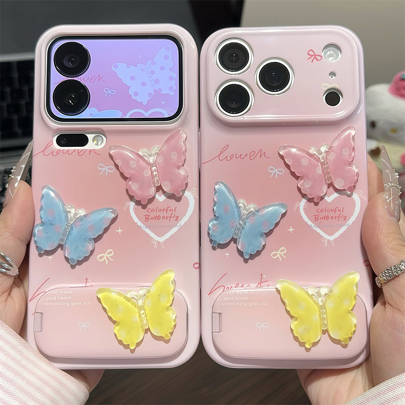 晕染粉三只蝴蝶支架新款适用苹果17Pro手机壳iPhone16max小米15华为mate80pura70k60note14荣耀400x200一加13