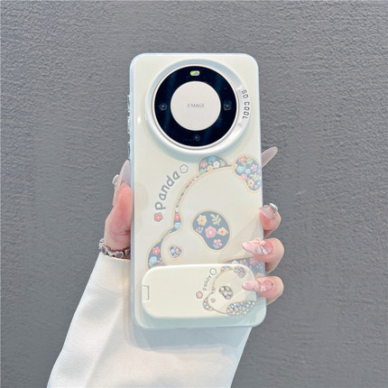 花朵熊猫支架新款适用苹果16pro手机壳iPhone17max14小米15华为mate70pura80k60荣耀200vivox100nova12note13