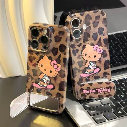 豹纹滑板Kitty支架新款适用苹果17Pro手机壳iPhone15max小米16华为mate80pura70k60OPPOReno14荣耀300x100s20
