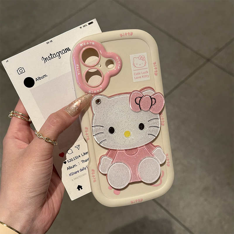 粉色Kitty化妆镜新款适用苹果16Pro手机壳iPhone15max小米14华为mate70p60reno11一加13荣耀300k80vivoiqoo12