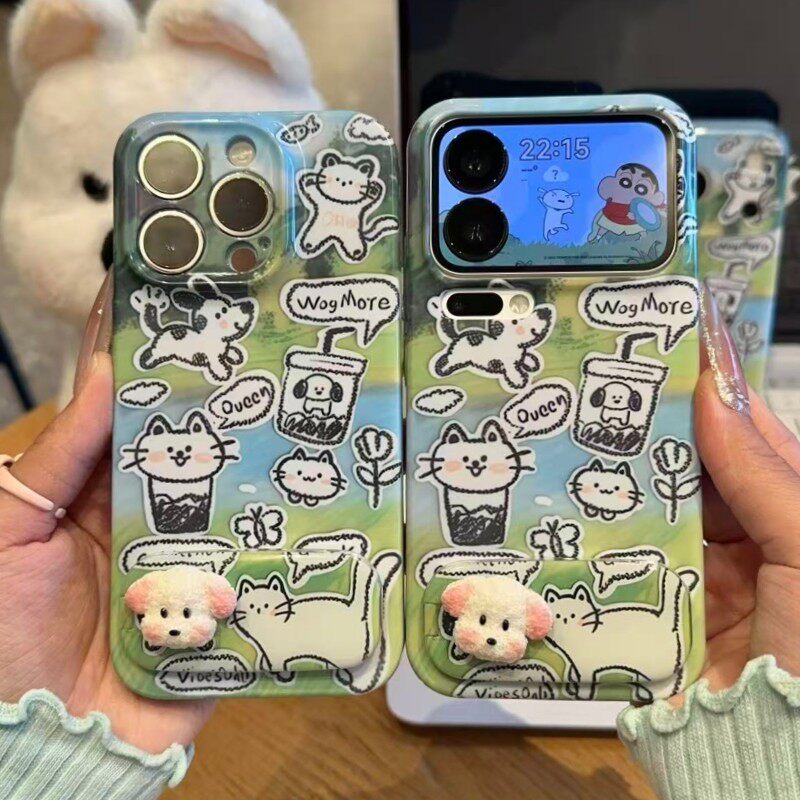 草地素描猫狗支架新款适用苹果17Pro手机壳iPhone16max13小米15华为mate80pura70k60note14荣耀500x300magic7